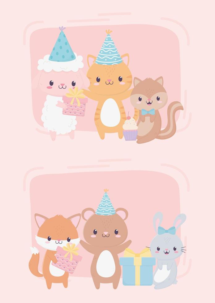 Alles Gute zum Geburtstag süße Tiere Geschenke Party Hut Cupcake Feier Dekoration Karte vektor