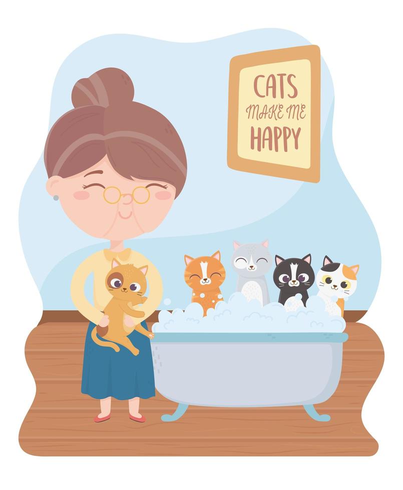 katter gör mig lycklig, gammal kvinna som badar katter i badkaret vektor