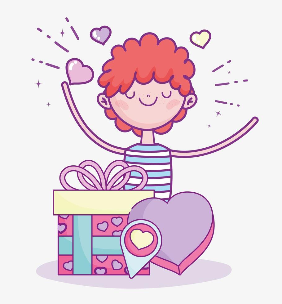 glad Alla hjärtans dag, pojke med gåva och låda formad hjärta romantisk kärlek vektor