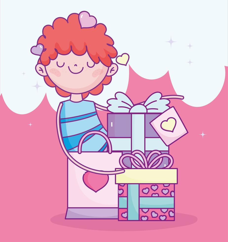 Glücklicher Valentinstag, Junge mit Geschenken und Einkaufstaschenkarikatur vektor