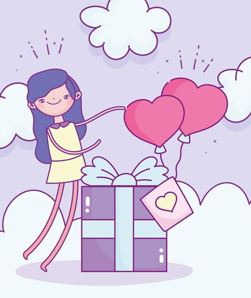 Glücklicher Valentinstag, Mädchen mit Geschenkbox und Luftballons geformte Herzen lieben vektor