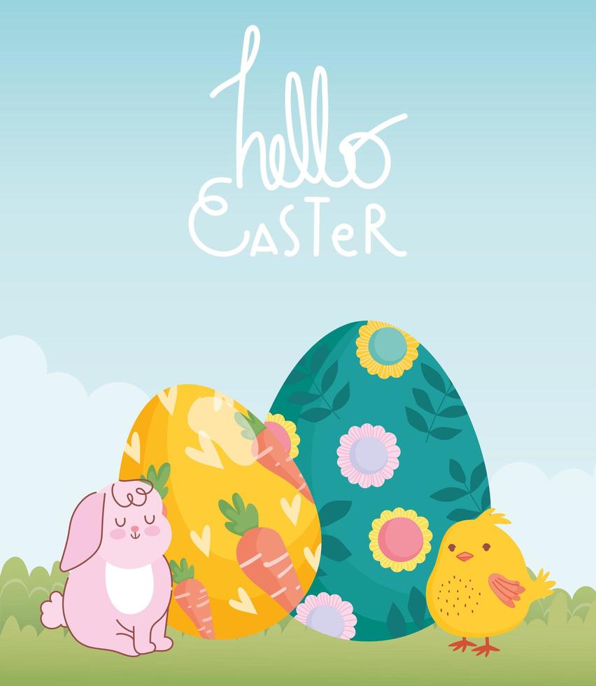 Frohe Ostern süßes Kaninchen und Huhn mit bemalter Eierdekoration mit Blumen und Karotten vektor