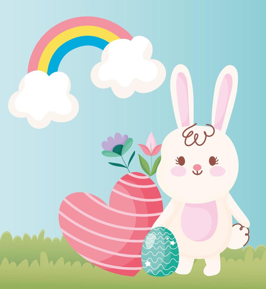 Frohe Ostern süßer Hase mit Eierherz und Blumen im Freien vektor