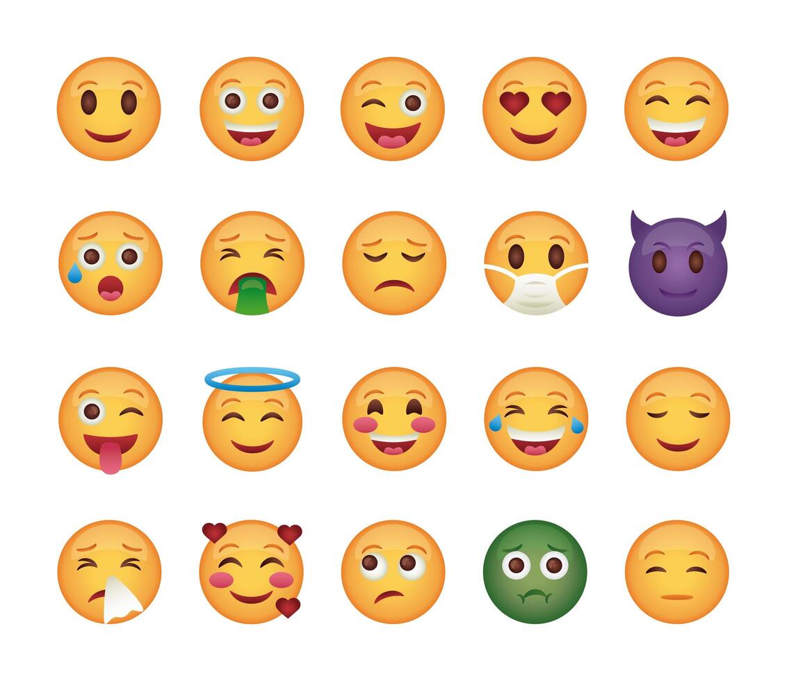 bunt av emojis ansikten set ikoner vektor