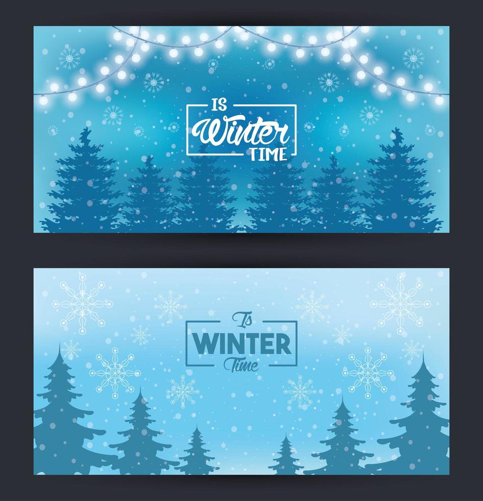 blaues Winterplakat mit Schneeflocken und Waldszene vektor