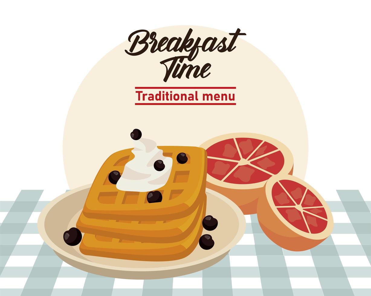 Frühstückszeit-Schriftzug-Poster mit Brot und Orangen vektor