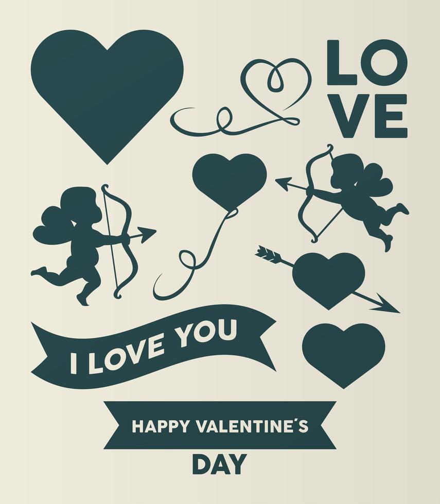 Happy Valentinstag Schriftzug Karte mit Bundle Liebe Icons vektor