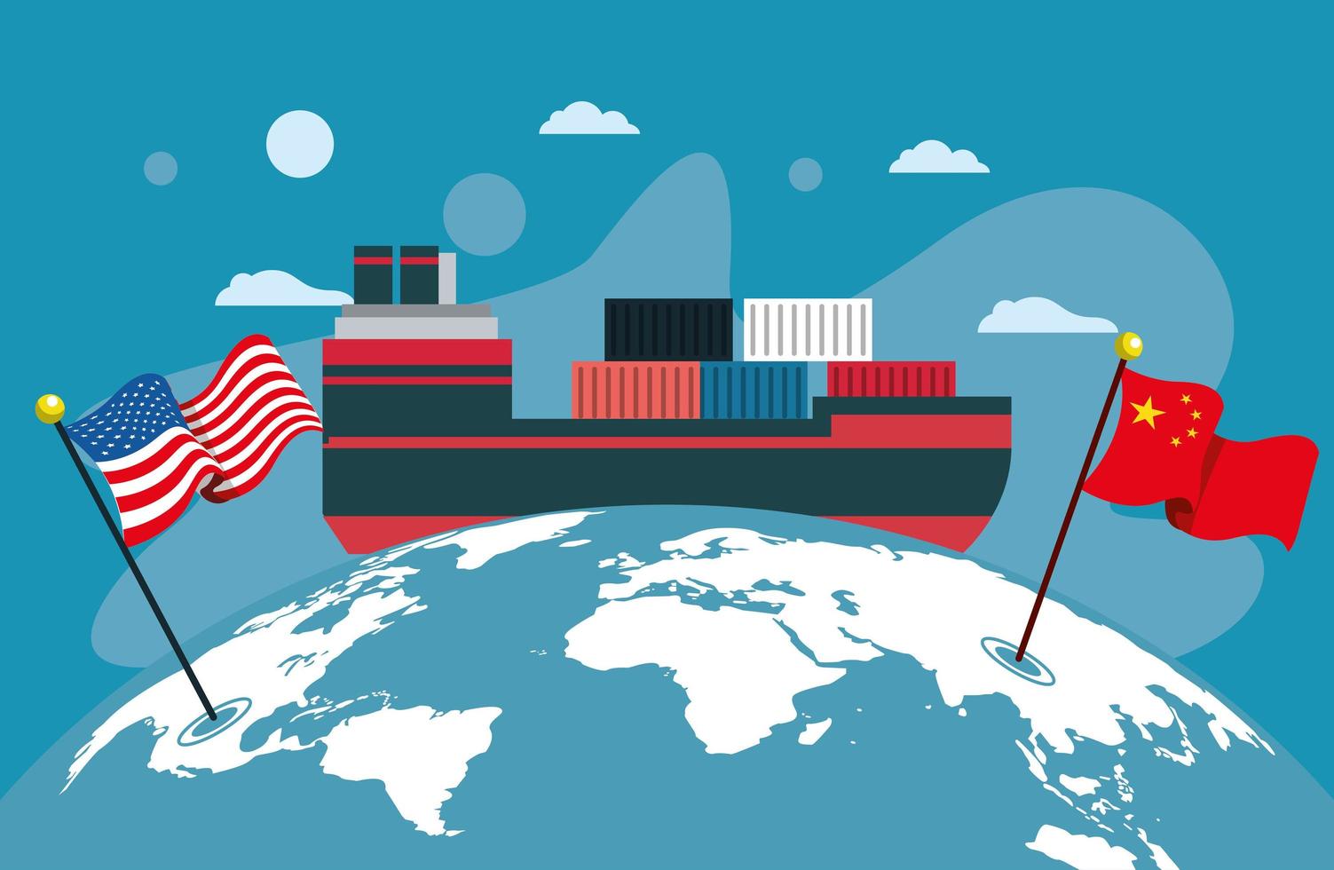 handelsfartyg med flaggor Kina och USA runt om i världen vektor