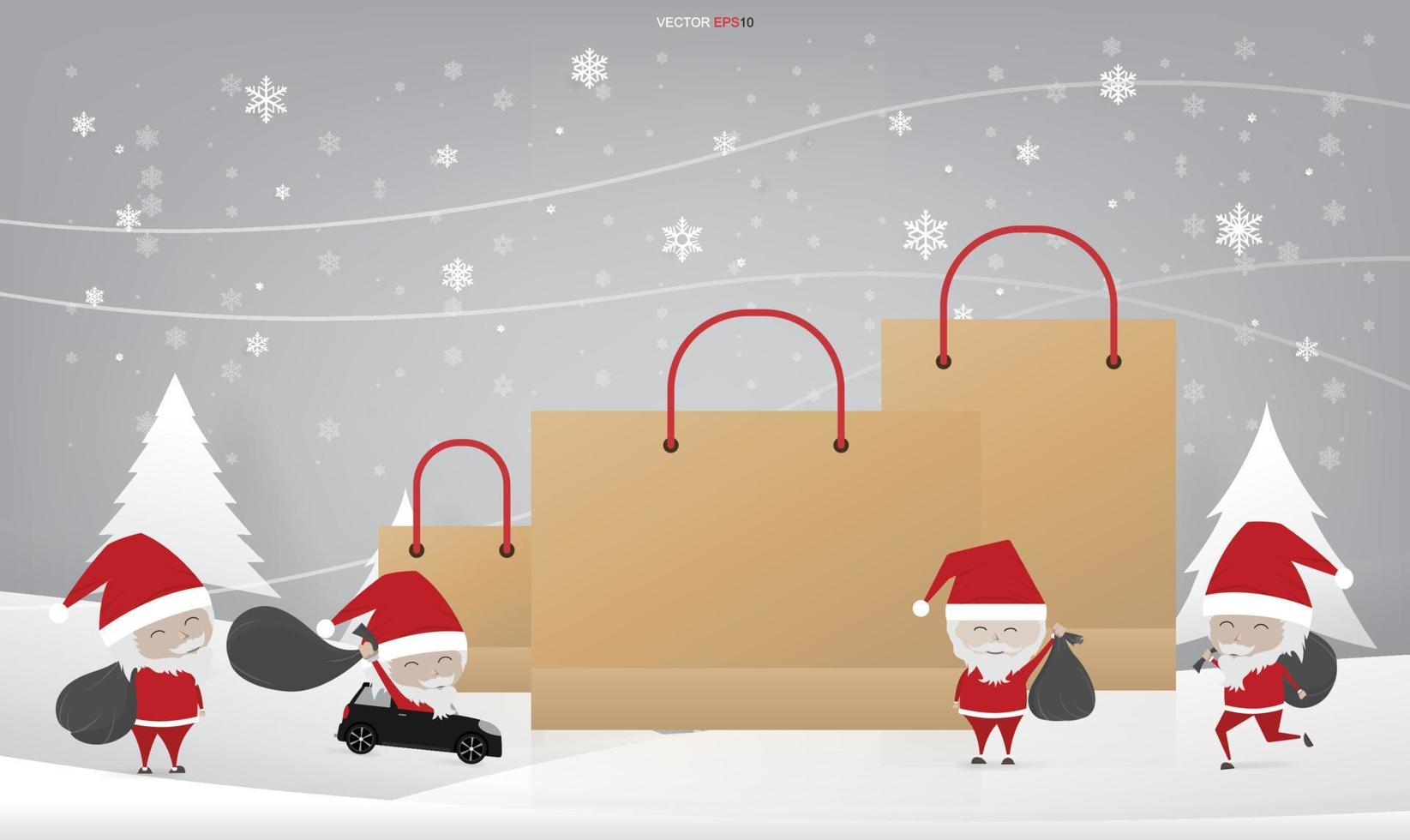 jultomten och shoppingväska för reklam banner bakgrund. vektor. vektor