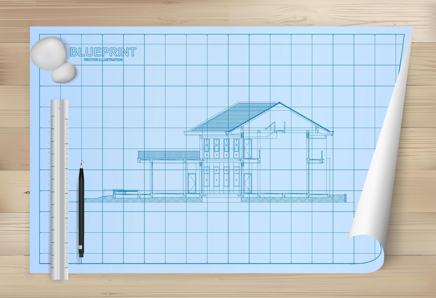 idén om hus på blåkopia papper bakgrund. arkitektoniska ritpapper på trä textur bakgrund. vektor. vektor
