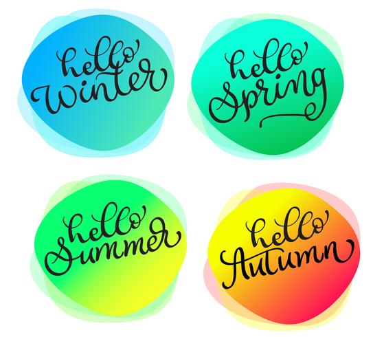 Sats med hälsningskort För alla årstider Hej sommar vår höst vinter. Kort med akvarell rund struktur vektor