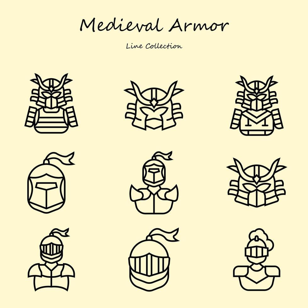 medeltida rustning redigerbar ikoner uppsättning linje stil. med olika former. rustning, samuraj, riddare, hjälm, krigare. översikt samling vektor