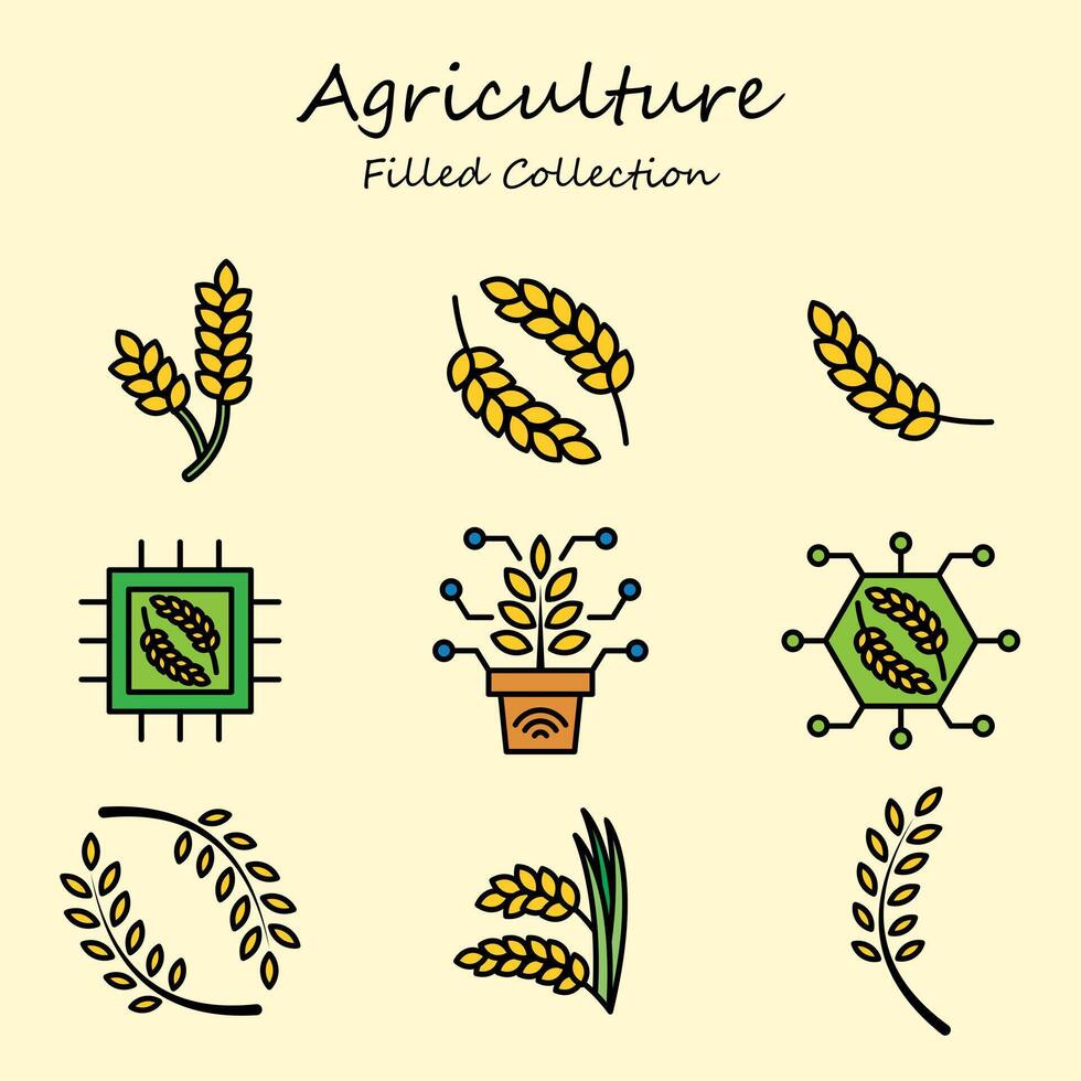 Landwirtschaft Weizen editierbar Symbole einstellen gefüllt Linie Stil. Anlage, Weizen, Paddy, Reis, Blatt, Lebensmittel. gefüllt Sammlung vektor