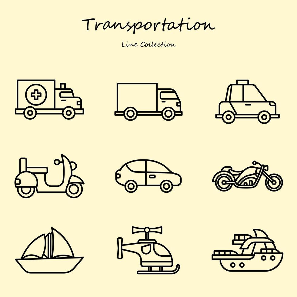 Transport editierbar Symbole einstellen Linie Stil. mit verschiedene Formen. Auto, Motorrad, Boot, Hubschrauber, Schiff. Linie Sammlung vektor