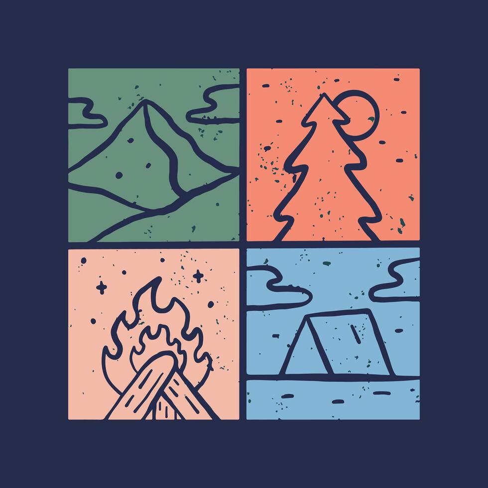 vier Element von Camping sind Berg, Wald, Lagerfeuer und Zelt, Design zum Abzeichen, t Shirt, Aufkleber Vektor Illustration