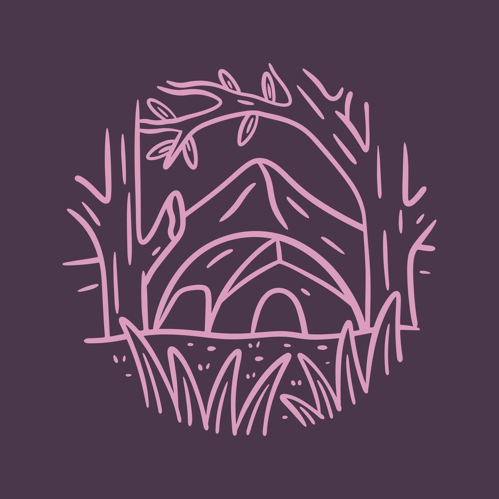 Illustration von Camping im ein Wald, Mono Linie Design zum Abzeichen, t Shirt, Aufkleber, Abzeichen Vektor Kunst