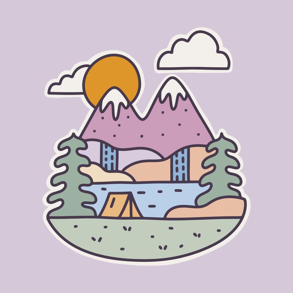 Camping unter das Wasserfall und Berg eben Design zum Abzeichen Aufkleber Grafik Illustration Vektor Kunst T-Shirt Design