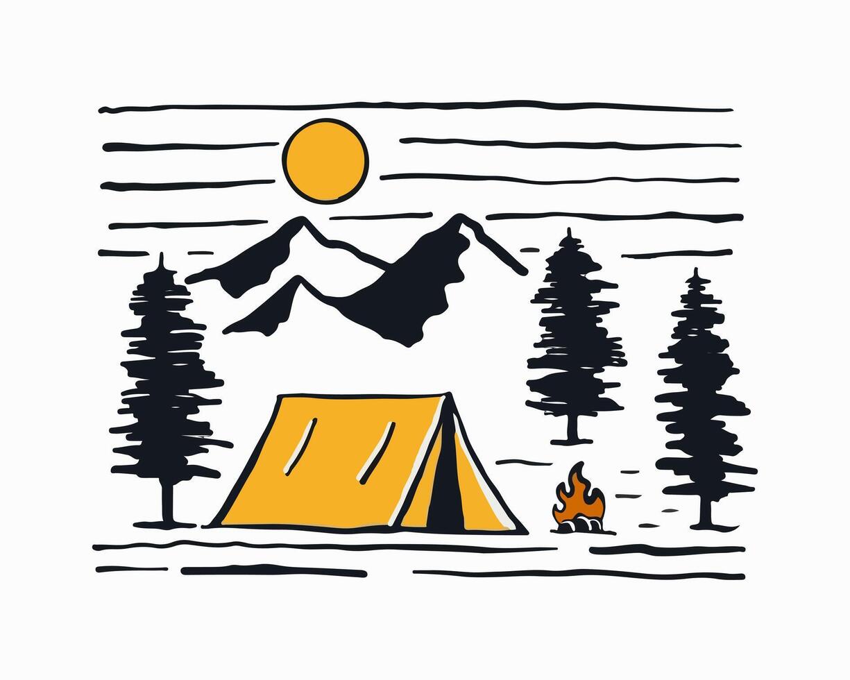 Camping unter das Berg Design zum Abzeichen Aufkleber Grafik Illustration Vektor Kunst T-Shirt Design