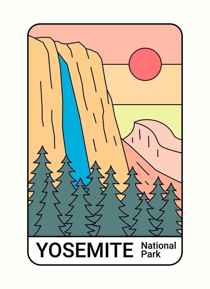 das Yosemit National Park Mono Linie Grafik Illustration Vektor zum T-Shirt, Abzeichen, Poster Design