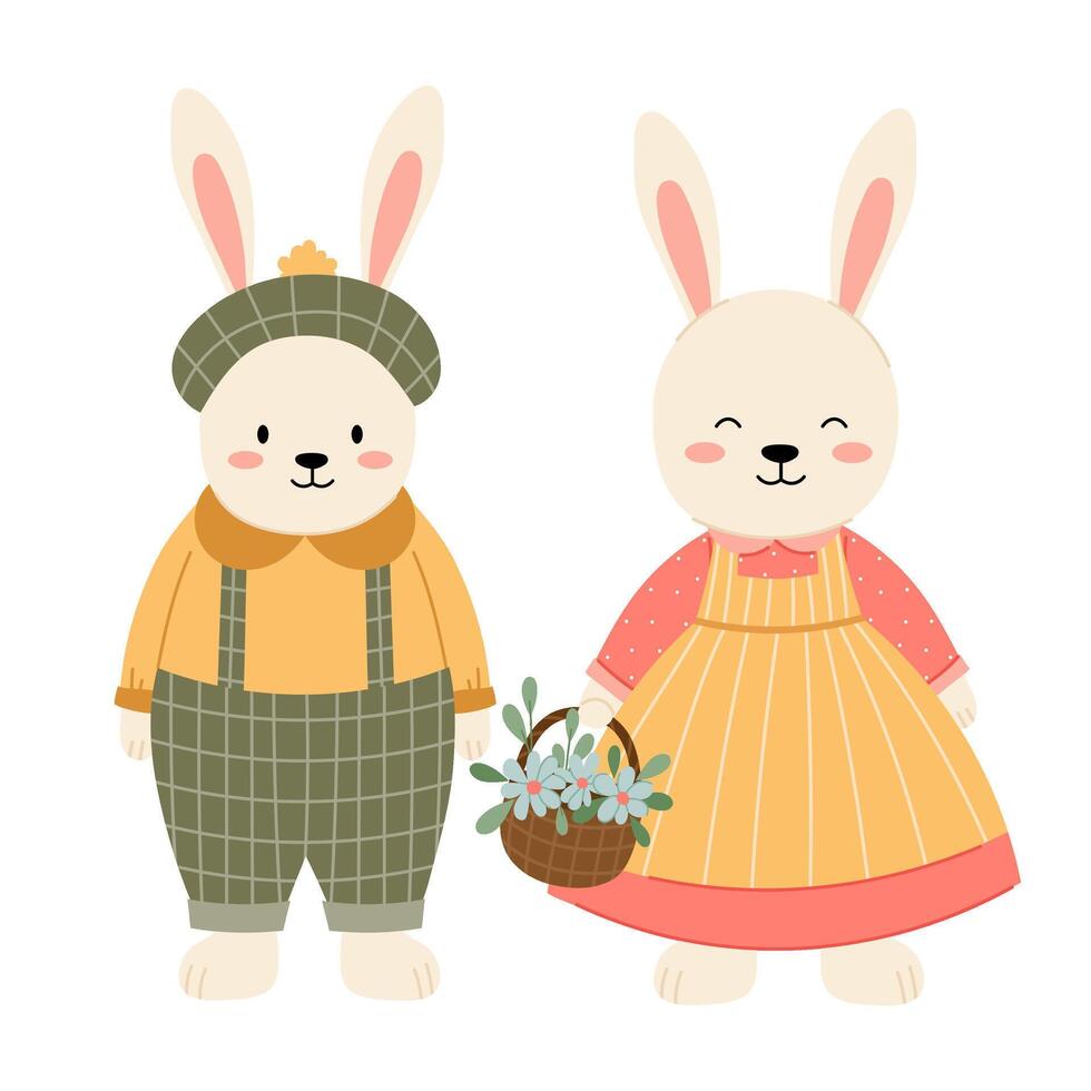 Paar von Hasen im eben Stil. süß Hasen im Jahrgang Outfits. ein Hase im ein Deckel und ein Hase im ein Sommerkleid mit ein Korb. Kinder komisch Figuren. vektor