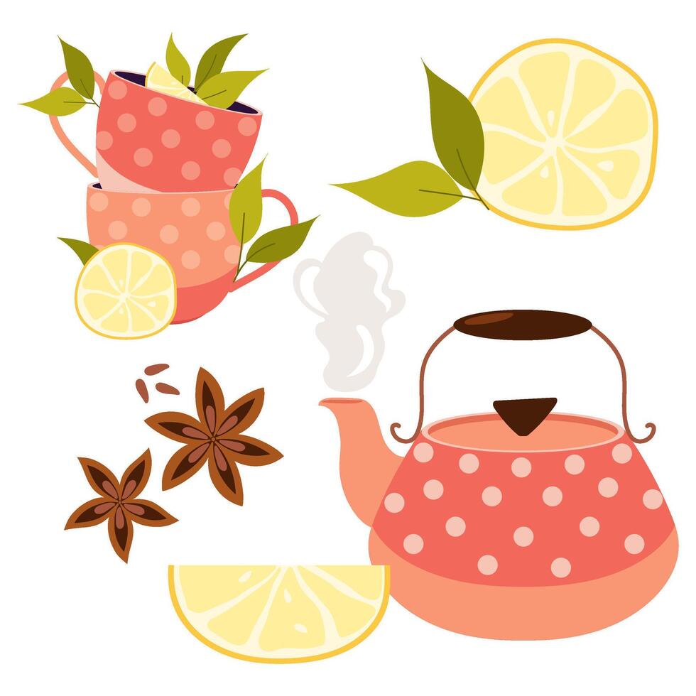 einstellen von Vektor Abbildungen von ein Teekanne mit Tassen, Zitrone und Anis im ein eben Stil. ein Tee Satz.