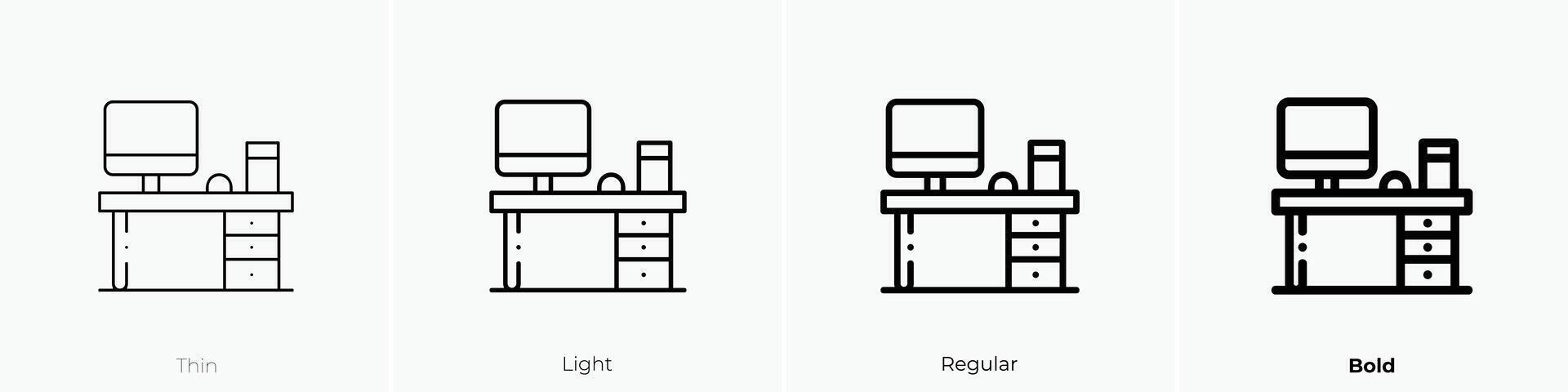 Büro Schreibtisch Symbol. dünn, Licht, regulär und Fett gedruckt Stil Design isoliert auf Weiß Hintergrund vektor