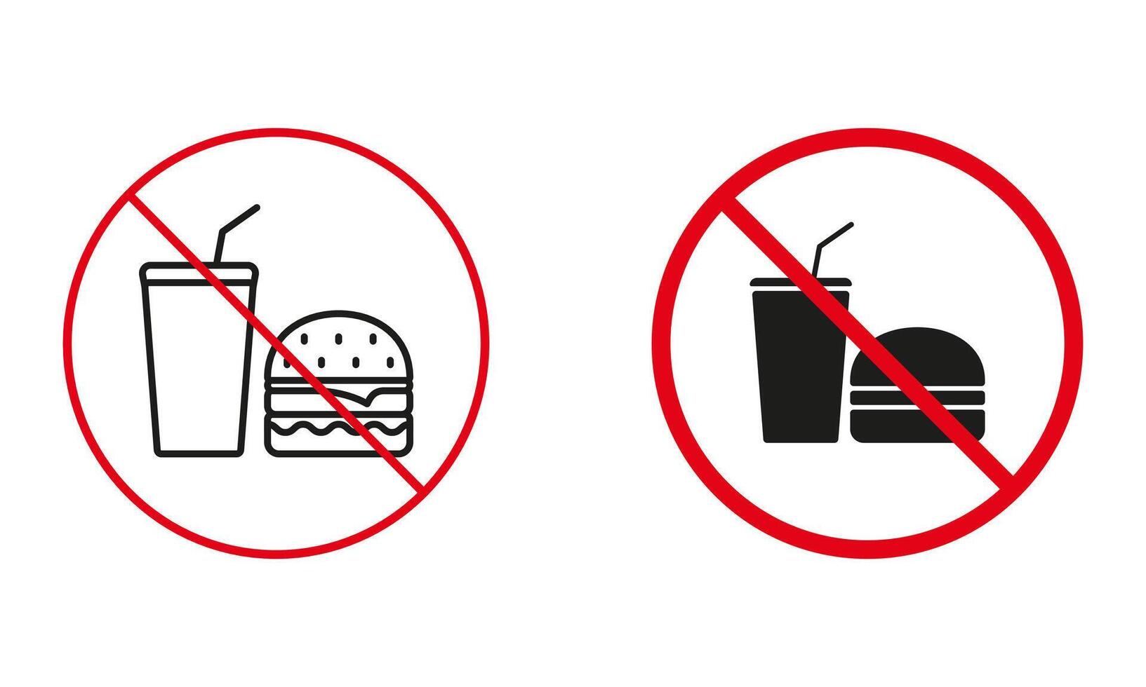 ungesund Mahlzeit nicht erlaubt unterzeichnen. schnell Essen Kreis Symbol Satz. Hamburger und Cola, Limonade und Sandwich verbieten rot unterzeichnen. Müll Essen verboten Linie und Silhouette Symbole. isoliert Vektor Illustration