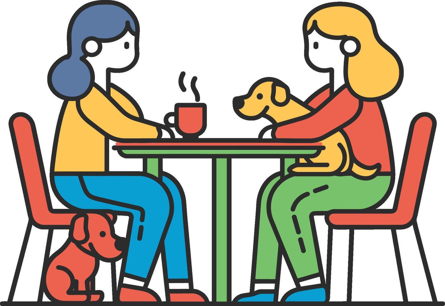 ai generiert glücklich Haustiere mit Besitzer haben großartig Zeit während Trinken Tee oder Kaffee Sitzung beim das Tisch. Hund sitzt auf Knie von Mädchen. Haustier freundlich Platz zum Tier Besitzer. vektor