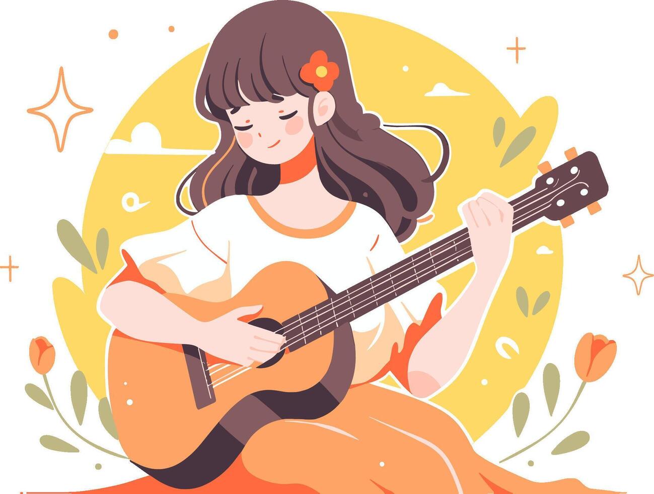 ai genererad flicka lugnt spelar gitarr. fredlig tid, hobby symbol. vektor illustration.