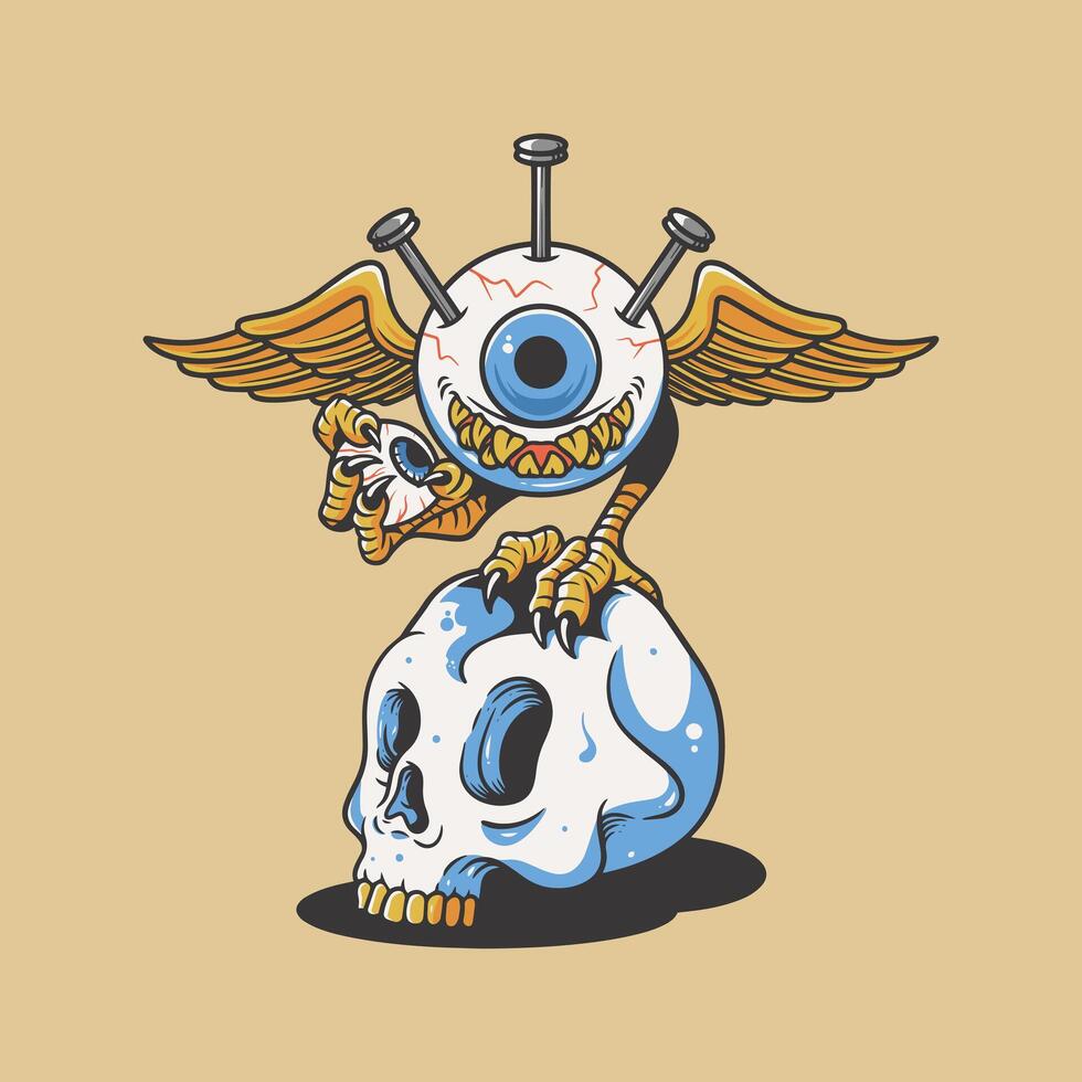Augapfel und Schädel Kopf Jahrgang Maskottchen Charakter Logo Vorlage vektor