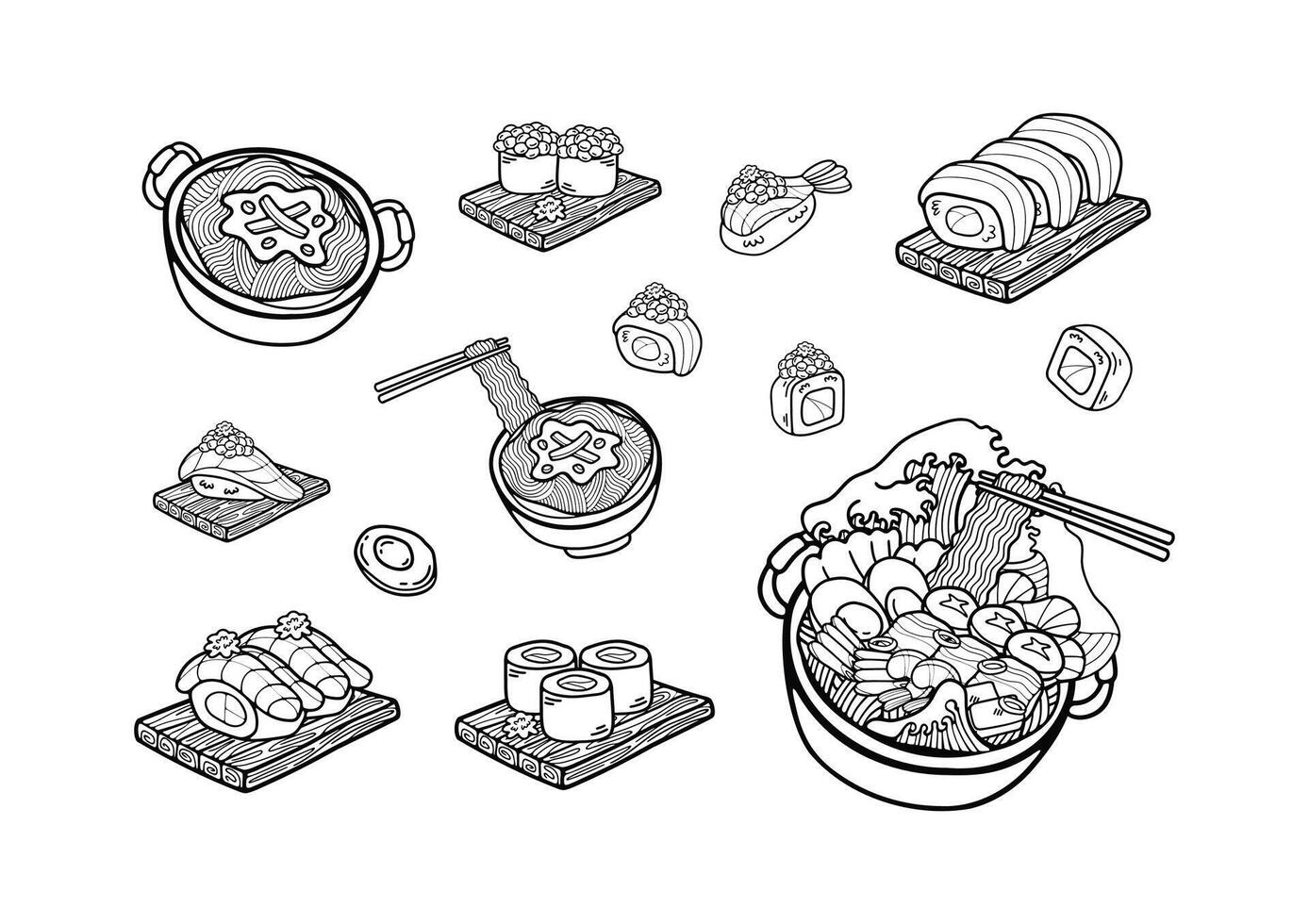 svart och vit japansk mat uppsättning platt stil illustrationer vektor