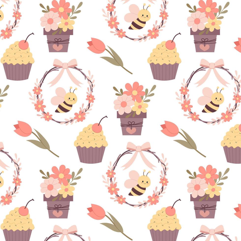 vår sömlös mönster. bin, vår krans, tulpan, muffin och blomma pott i platt stil. sömlös mönster med påsk korg. mönster för textil, omslag papper, bakgrund. vektor