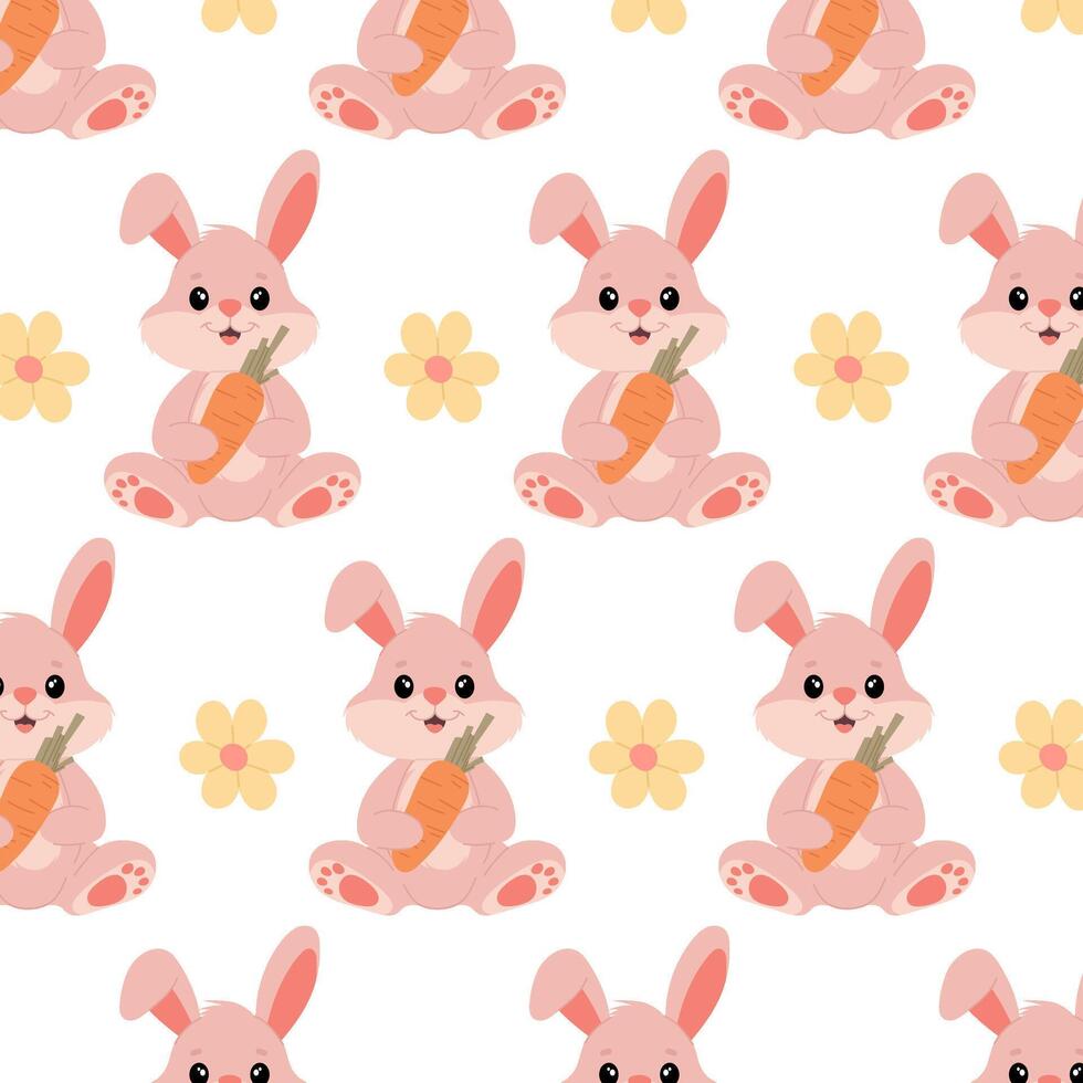 rosa kanin med morot i platt stil. bebis mönster med rosa kanin. sömlös mönster för textil, omslag papper, bakgrund. påsk kanin. vektor