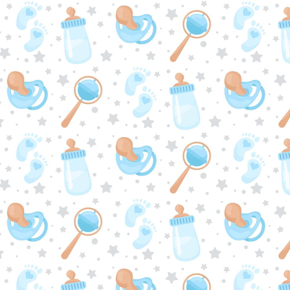 bebis sömlös mönster. mönster med en uppsättning av nyfödd objekt i blå. napp, flaska, skallra och fotspår i platt stil. sömlös mönster för textil, omslag papper, bakgrund. vektor
