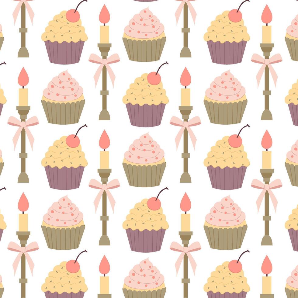 festlich Cupcake mit Kirsche und dekorativ Kerze im eben Stil. Muster zum Textil, Hintergrund oder Verpackung. nahtlos Muster auf ein transparent Hintergrund. vektor