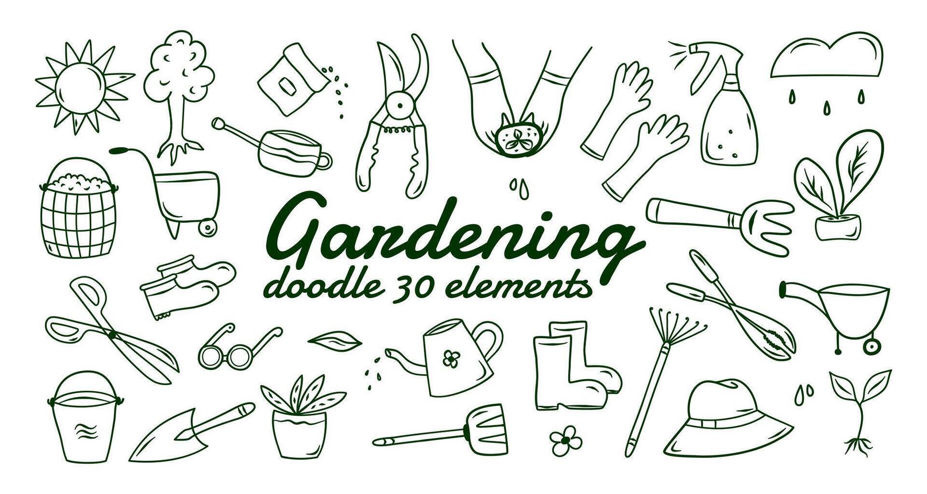 Gekritzel Garten Vektor einstellen mit Werkzeug, Landwirtschaft, Ausrüstung, Ernte. Hand gezeichnet Symbole von Gartenarbeit auf Weiß Hintergrund. Skizzen zum verwenden im Design