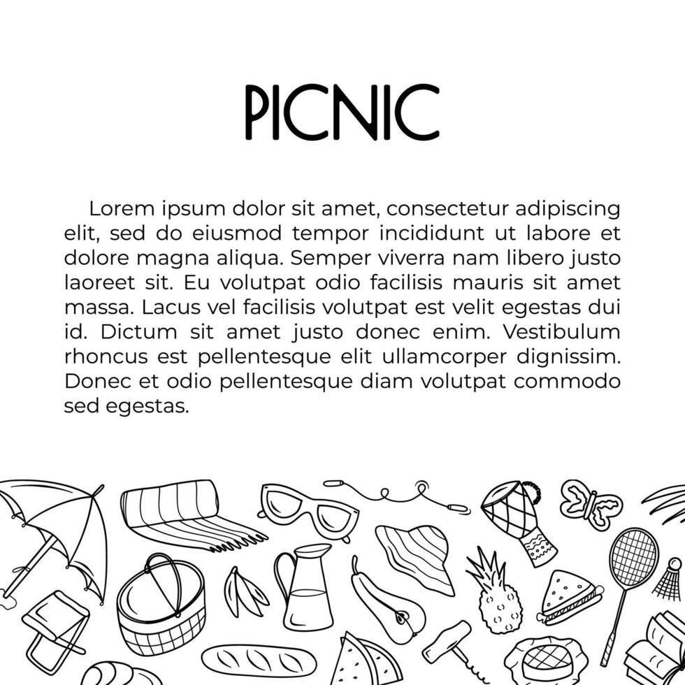 Gekritzel Sommer- Picknick Banner mit kostenlos Platz zum Text auf Weiß Hintergrund. Hand gezeichnet Grill und entspannen Sport Zeit Elemente vektor