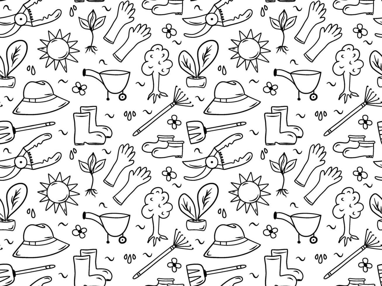 Gekritzel Garten nahtlos Muster mit Schaufel, Anlage, Ausrüstung. Hand gezeichnet Landwirtschaft Hintergrund zum drucken oder Textil- vektor