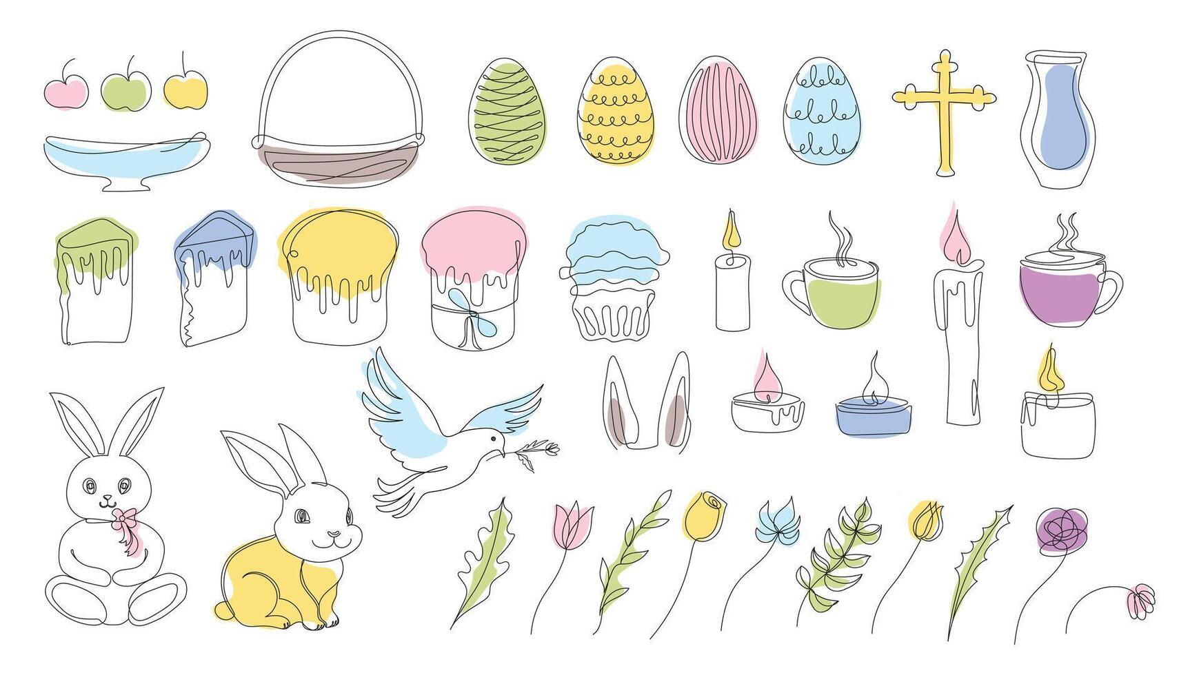 Ostern einstellen im kontinuierlich einer Linie Stil mit Design Elemente mögen Hase, Eier, Taube, Kerzen, kreuzen, Ostern Kuchen, Tassen, Blumen. bunt Vektor auf Weiß. Clip Art. zum Gruß Karte, Textil, drucken