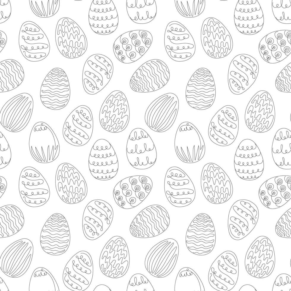 sömlös mönster av påsk ägg med en mönster. kontinuerlig ett linje teckning. svart och vit vektor isolerat på vit bakgrund. minimalistisk. för påsk dekoration, skriva ut, textil, omslag papper