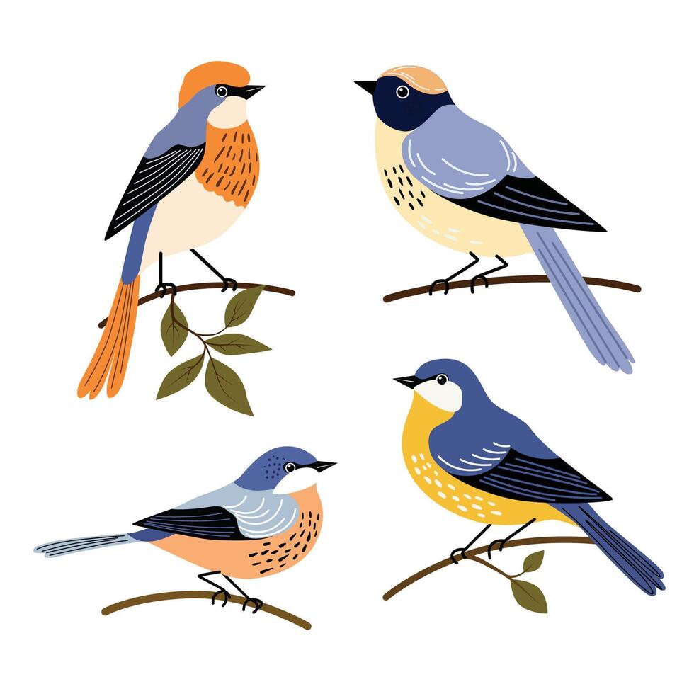 uppsättning av dekorativ fåglar hand dra platt vektor. vektor