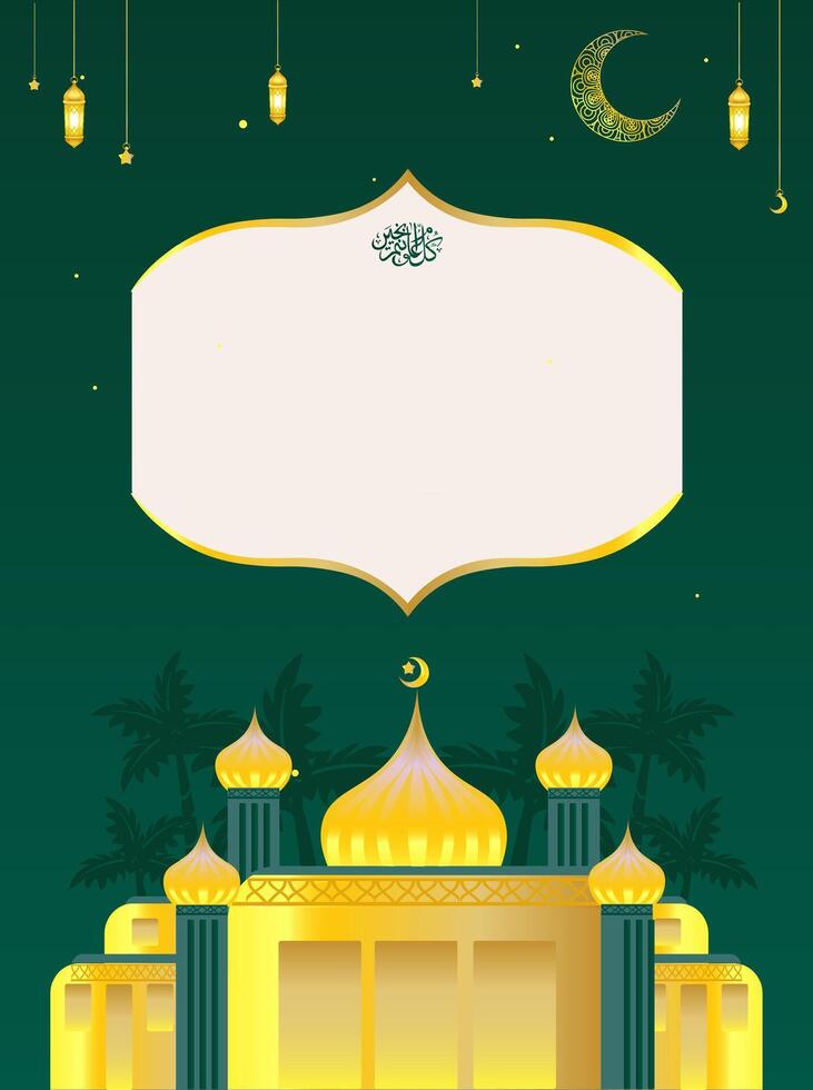 Ramadan kareem glücklich ied al fitr editierbar Raum. Gold Moschee Hintergrund Illustration mit Mond, Laterne, Kokosnuss Baum und Stern, isoliert auf grün. Vektor Hintergrund Gruß zum instagram Geschichte