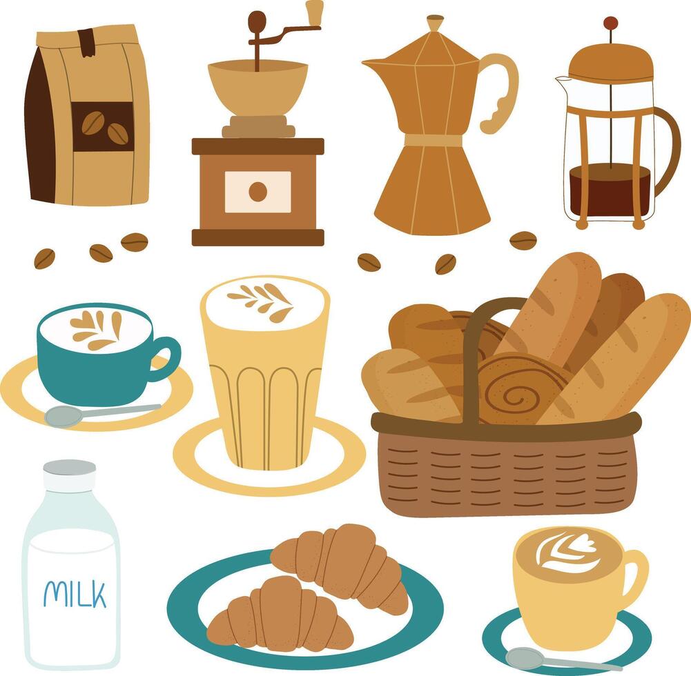 Kaffee und Bäckerei Hand gezeichnet Elemente Clip Art Vektor Illustration zum schmücken Einladung Gruß Geburtstag Party Feier Hochzeit Karte Poster Banner Textil- Hintergrund Papier wickeln Hintergrund