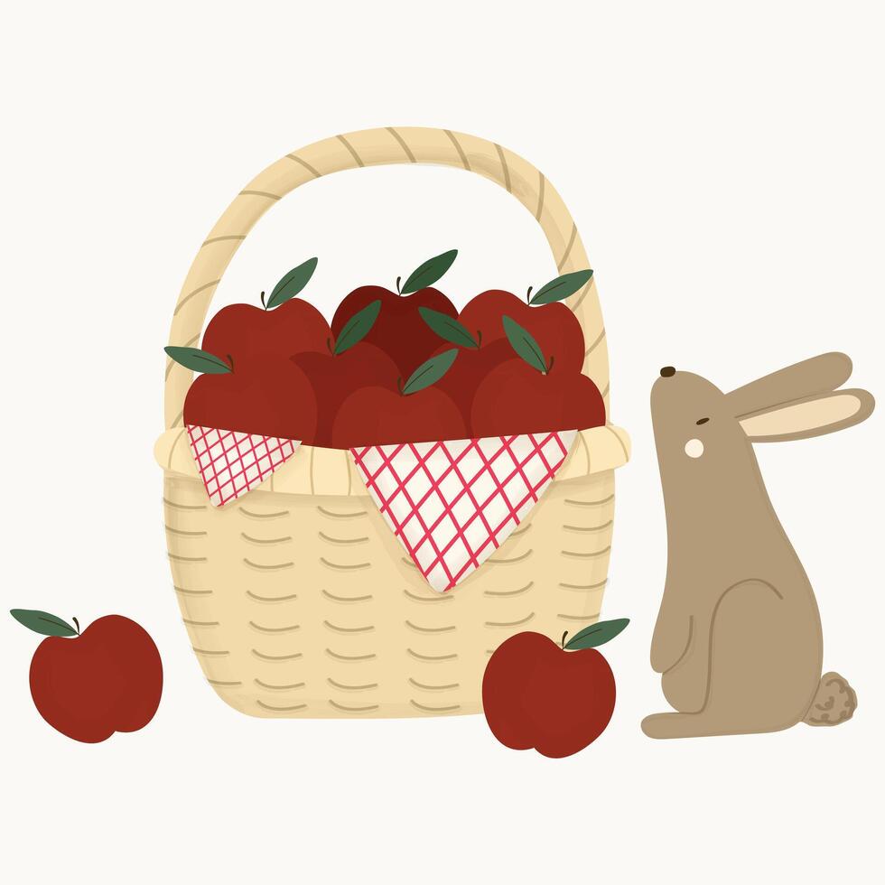 röd äpplen korg med kanin kanin hand dragen ClipArt element vektor illustration för inbjudan hälsning födelsedag fest firande bröllop kort affisch baner bakgrund
