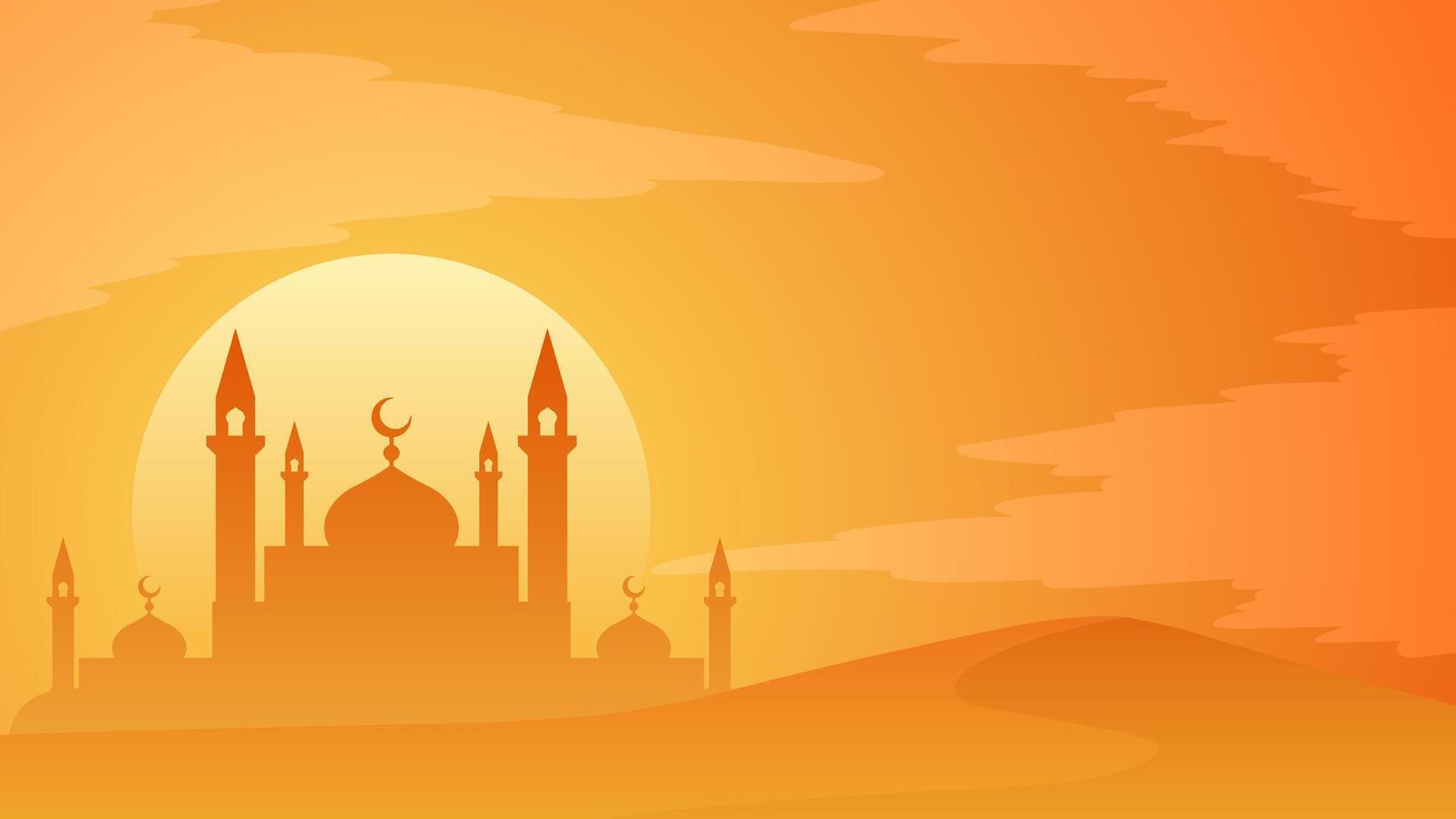 Ramadan Landschaft Vektor Illustration. Moschee Silhouette im das Sand Wüste beim Mittag. Moschee Landschaft zum Illustration, Hintergrund oder Ramadan. eid Mubarak Landschaft zum Ramadan Veranstaltung