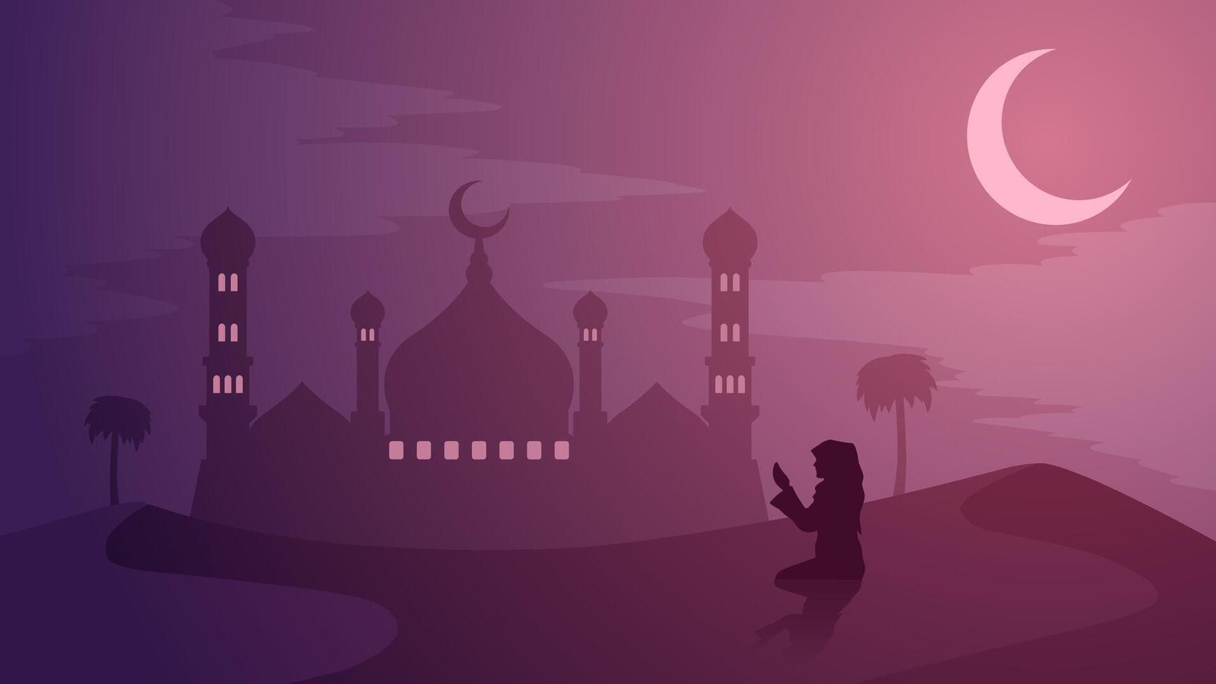 Ramadan Landschaft Vektor Illustration. Moschee Silhouette beim Nacht mit beten Muslim im das Wüste. Moschee Landschaft zum Illustration, Hintergrund oder Ramadan. eid Mubarak Landschaft zum Ramadan Veranstaltung