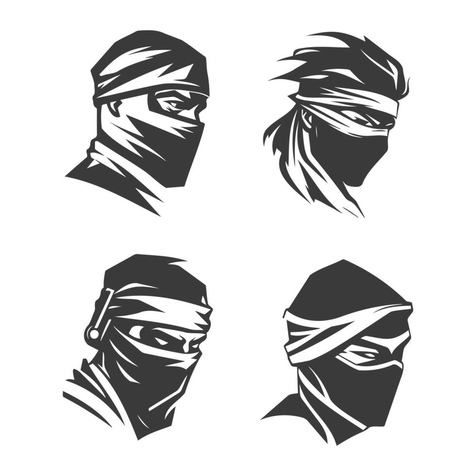 ninja huvud svart logotyp typ design uppsättning vektor