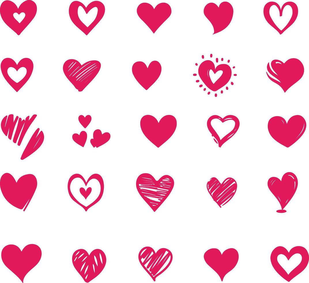 rosa hjärta hand dragen ikon uppsättning vektor