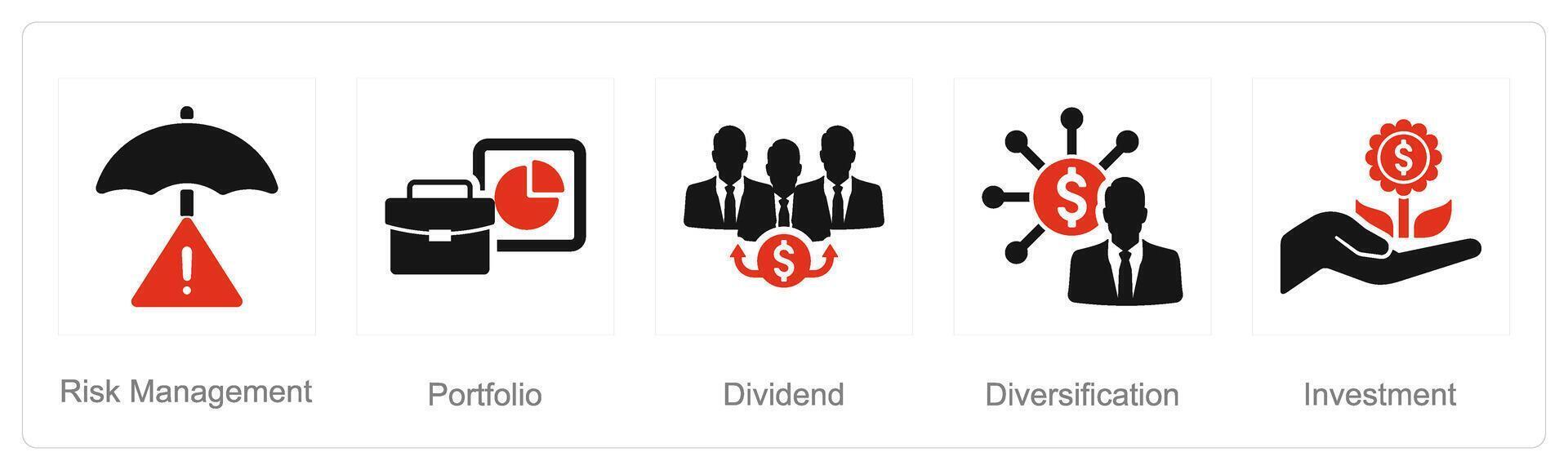 en uppsättning av 5 investering ikoner som fara förvaltning , portfölj, utdelning vektor