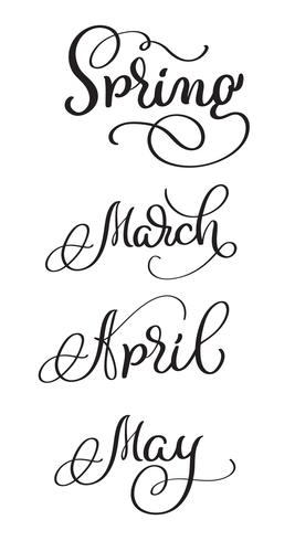 vårmånader mars april kan ord på vit bakgrund. Handritad vintage kalligrafi bokstäver Vektor illustration EPS10